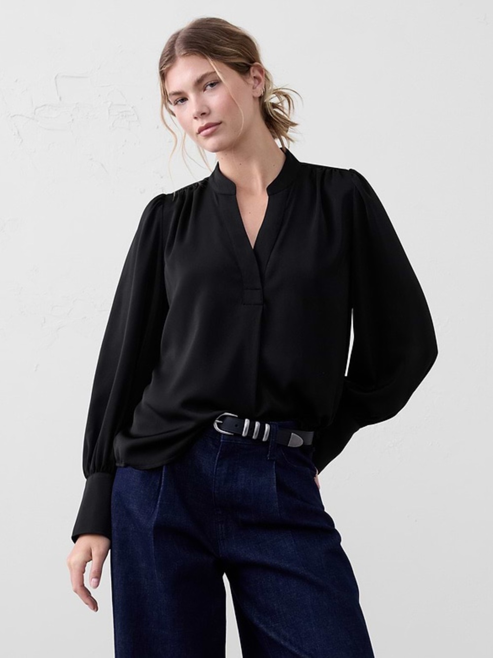 Banana Republic Two Long-Sleeve Blouses in Teal and Black large